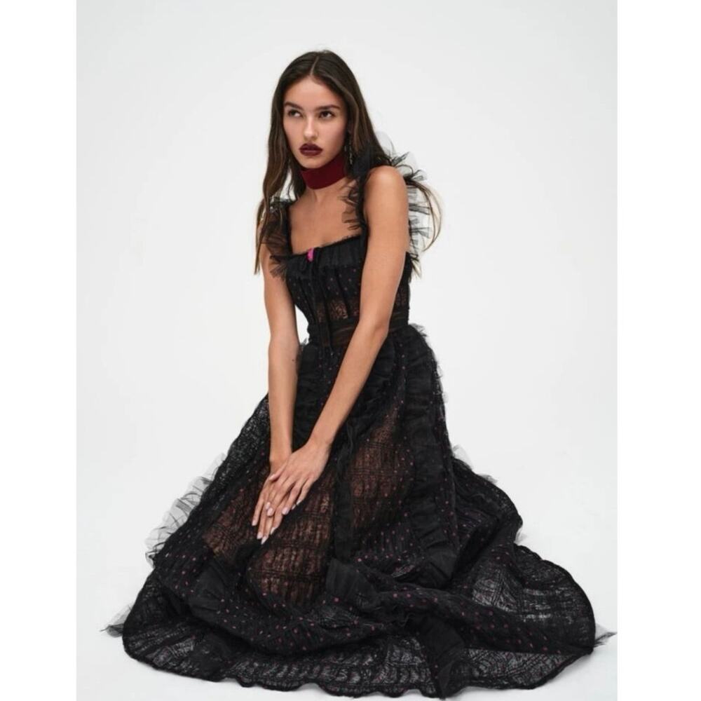 FOR LOVE AND LEMONS Black Mesh Polka Dot Janelle Ruffled Dress size Small nwt - Picture 9 of 16